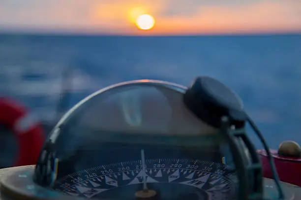 A magnetic compass on a sailing ship shows the direction of sunset. 
