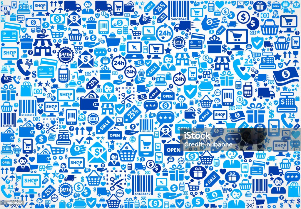 Seamless Shopping and Commerce Blue Icon Pattern Seamless. Shopping and Commerce Blue Icon Pattern. These blue icons feature such common symbols as the shopping cart, delivery truck, money and many other popular commerce icons. The vector icons are flat and vary in size and shades of blue. Icon download includes vector graphic and jpg file. Badge stock vector