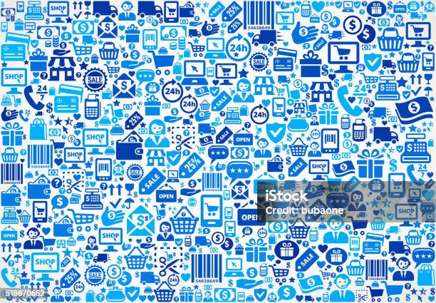 Seamless Shopping And Commerce Blue Icon Pattern Stock Illustration - Download Image Now - Badge, Blue, Box - Container