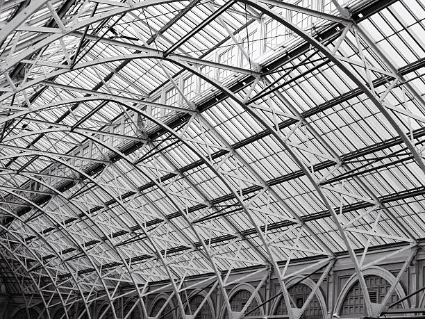 Black and white slice of the amazing architectural design of the ceiling of the Historical Arcade in Cleveland, OH.