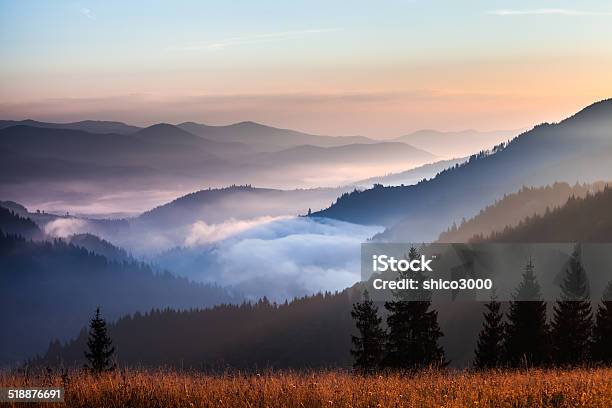 Fog And Cloud Mountain Valley Landscape Stock Photo - Download Image Now - Fog, Forest, Hill