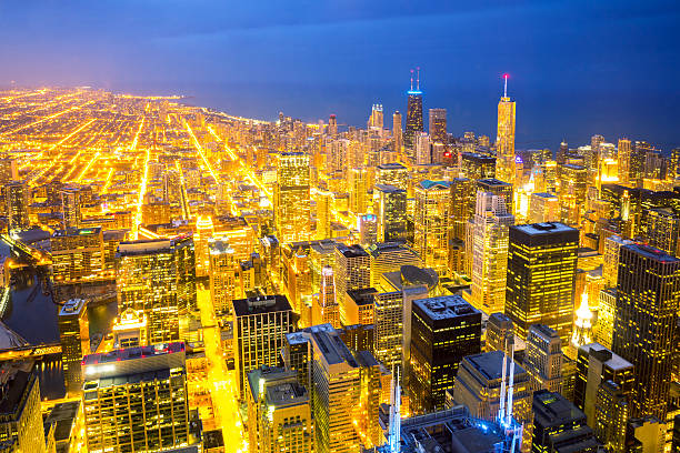istock Aerial Chicago City dusk 518877941