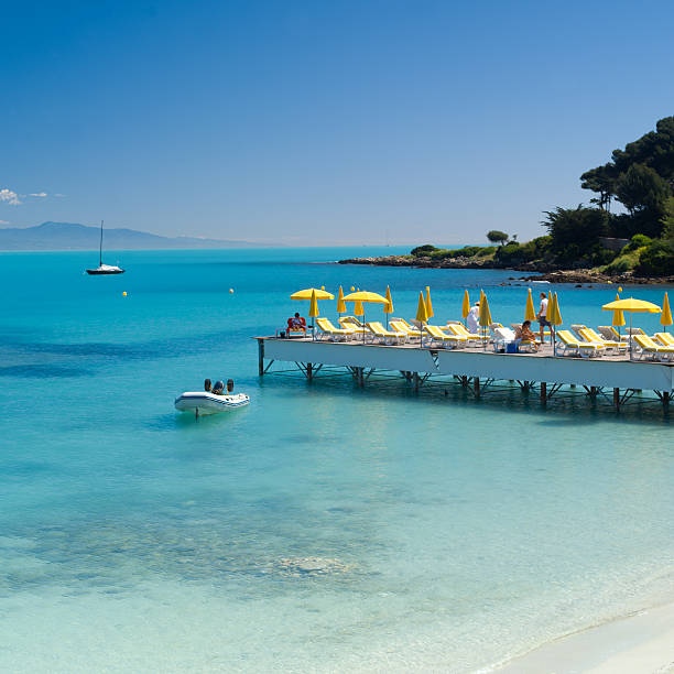 Mediterranean beach scene in French Riviera stock photo