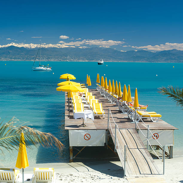 Mediterranean beach scene in French Riviera stock photo