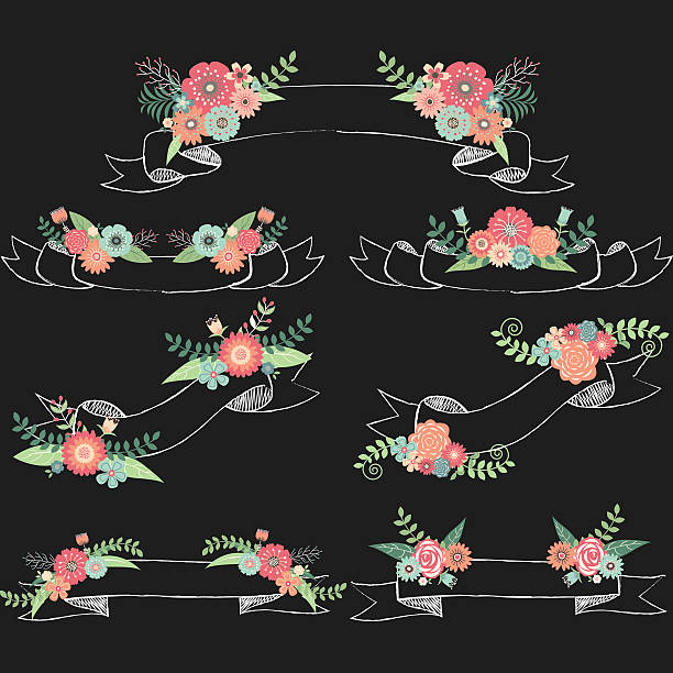 ilustraciones, imágenes clip art, dibujos animados e iconos de stock de pizarra boda flora con banners - ribbon retro revival old fashioned banner