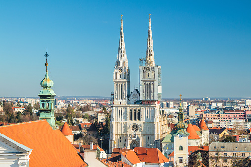 Zagreb cathedral and roof of St Catherine church from Upper town, panoramic view on center of Croatian capital