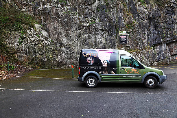 Cheddar Gorge tourist van Cheddar,England-30th March 2016:A van parked up in Cheddar Gorge. cheddar gorge stock pictures, royalty-free photos & images
