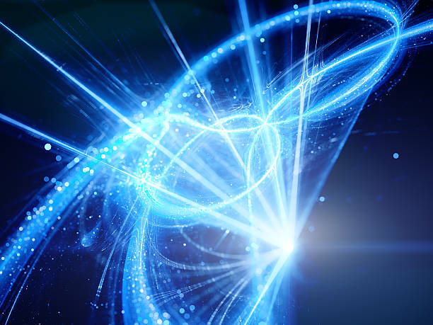 istock Blue glowing interstellar trajectories in space with light sourc 518886256