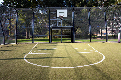 Basketball and soccer cage with artificial turf