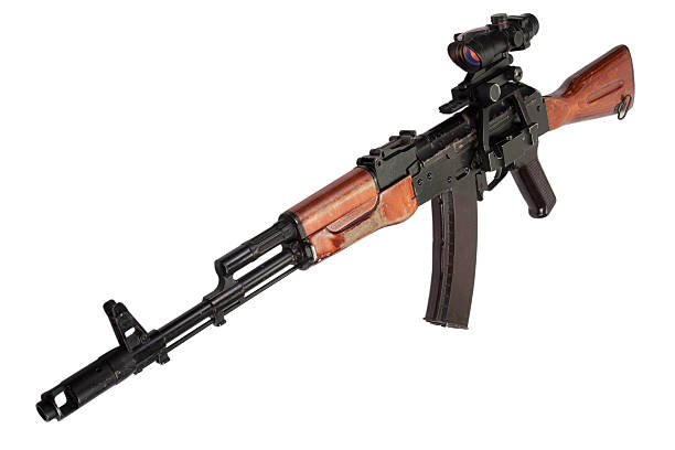 istock Kalashnikov AK assault rifle with optical sight on white 518894911
