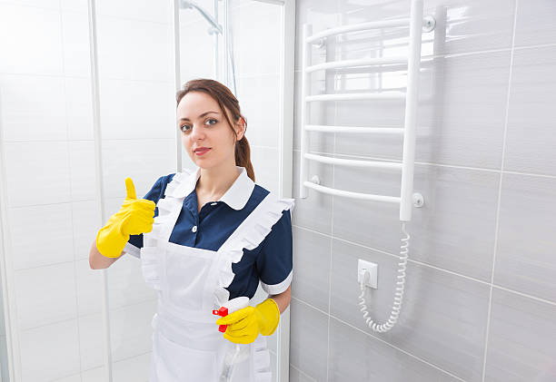 istock Domestic worker with thumbs and spray bottle 518897616