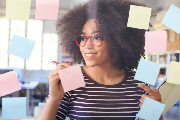 istock Smiling young woman looking through window with sticky notes 518898258