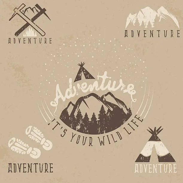 Vector illustration of set of vintage grunge labels mountain adventure and camping