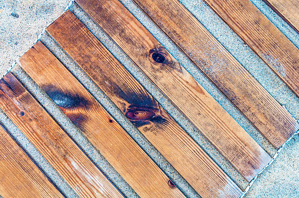 istock Close up shot of a wooden beach path texture 518903890