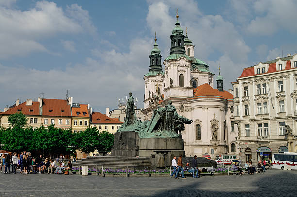 Prague, Czech Republic- May 8, 2012: Old Town Square with Jan Hus Monument, Prague, Czech Republic.