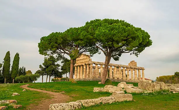 Autumn evening at Paestum - UNESCO World Heritage Site, with some of the most well-preserved ancient Greek temples in the world, Italy.