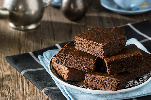 istock Baked Chocolate Brownies Piled on a Plate with Hot Tea 518910292