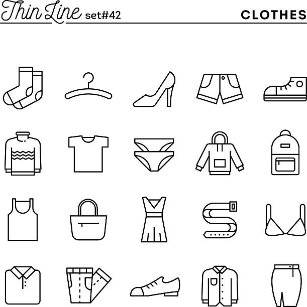 kleidung, dünne linie symbole satz - shoe men dress shoe dress stock-grafiken, -clipart, -cartoons und -symbole