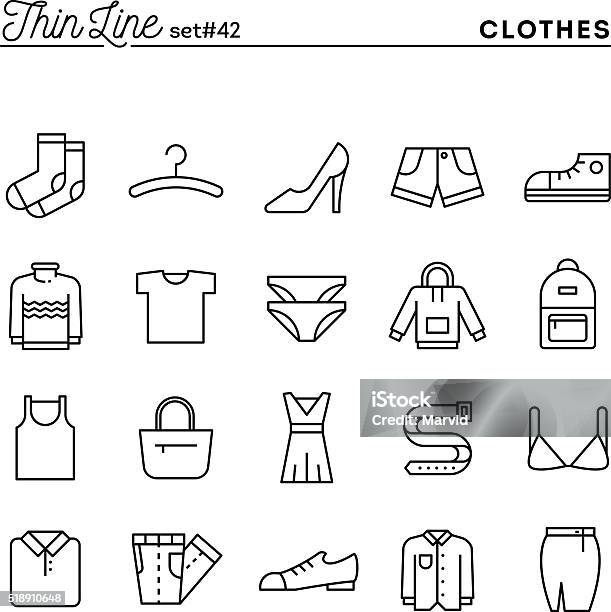 Vêtements Fine Ligne Icônes Ensemble Vecteurs libres de droits et plus d'images vectorielles de Icône - Icône, Femmes, Ceinture - Accessoire