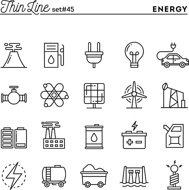 전력, 에너지, 전압 프로덕션과 더, 여윔 꺾은선형 아이콘 - battery light tube concepts stock illustrations