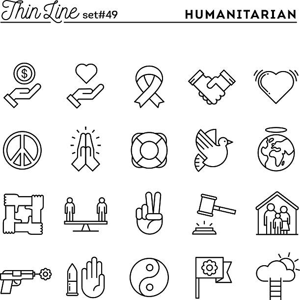 Humanitarian, peace, justice, human rights and more, thin line icons Humanitarian, peace, justice, human rights and more, thin line icons set, vector illustration war bird stock illustrations