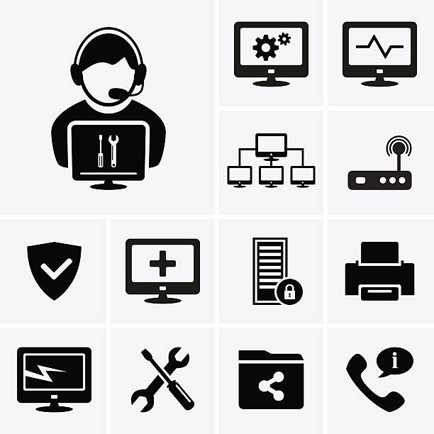 komputer technika ikony - technician computer repairing wrench stock illustrations