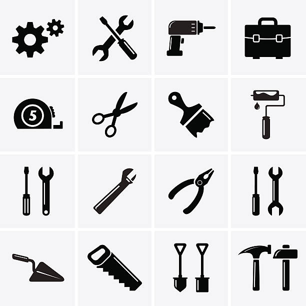 ilustraciones, imágenes clip art, dibujos animados e iconos de stock de iconos de herramientas - drill red work tool power