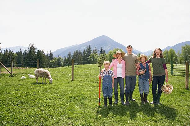 Family standing side by side on farm Family standing side by side on farm animal related occupation stock pictures, royalty-free photos & images