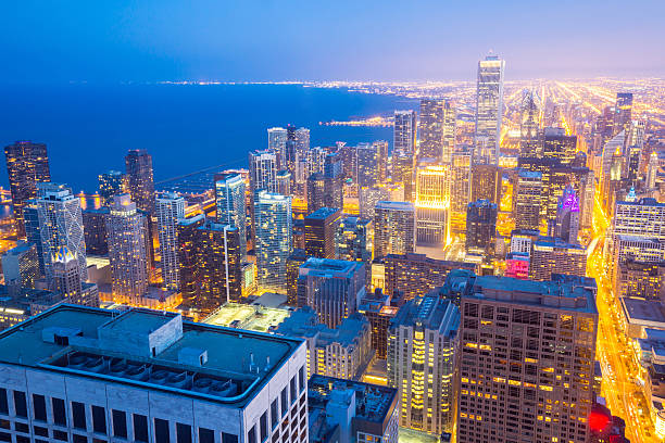 istock Aerial Chicago City dusk 518914643