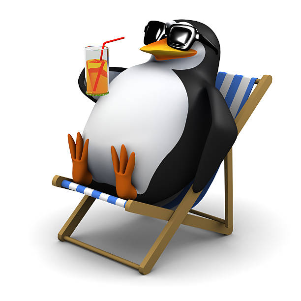 3d Penguin sunbathes with a drink