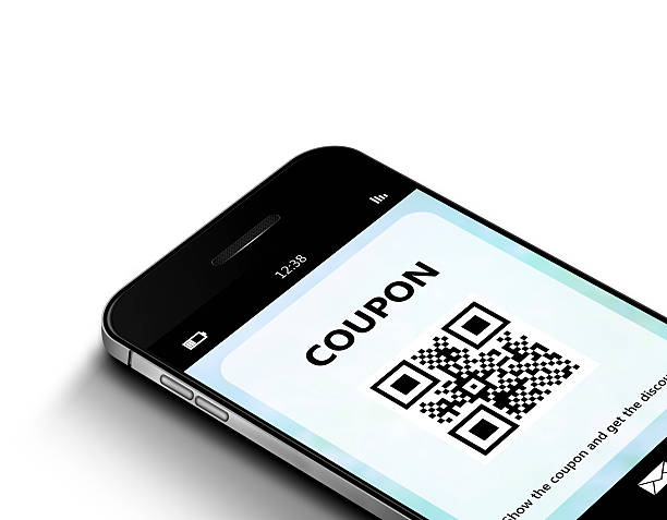 mobile phone with discount coupon isolated over white stock photo