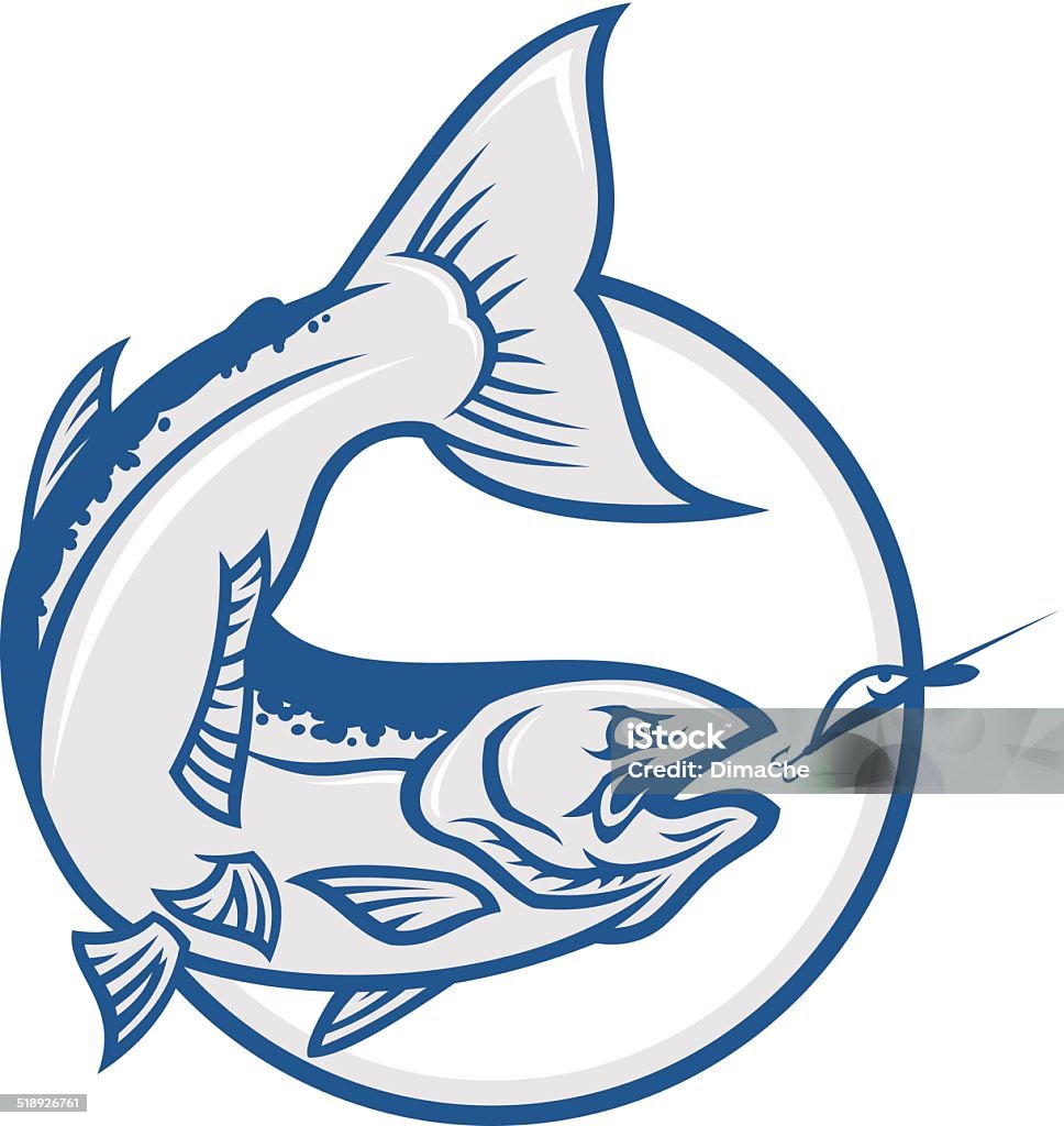 Salmon Salmon attaking the bait (fish, circle and bait on separate layers). Tail Fin stock vector