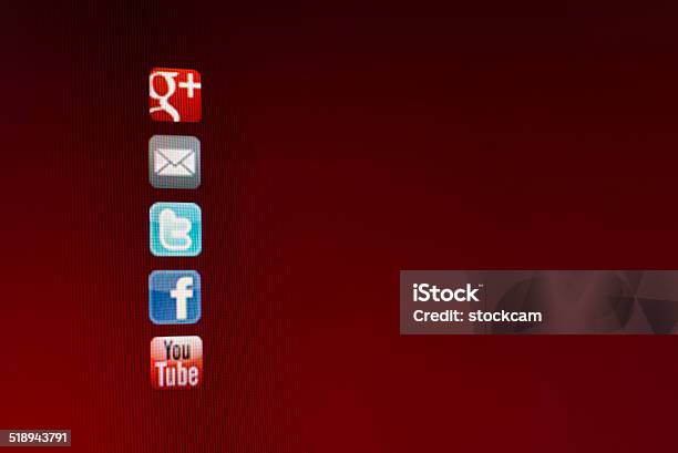 Social Media Symbols On Computer Screen Stock Photo - Download Image Now - Big Tech, Blogging, Brand Name