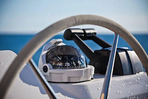 Sailing yacht control wheel and implement. Horizontal shot without people