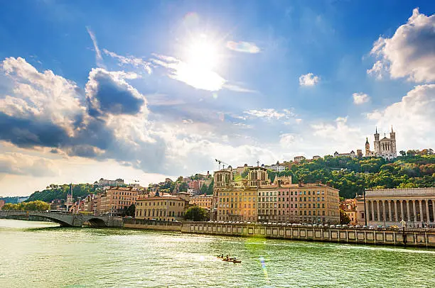 Beautiful city of Lyon, France and river view against the bright sun beams. Shot with Nikon D800 and 24-70