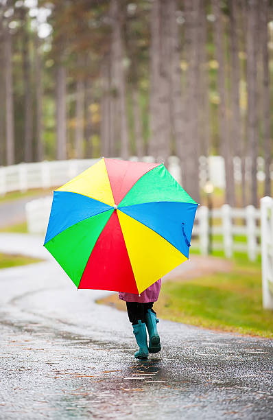 istock Girl Walking With Umbrella in Rain 518948321