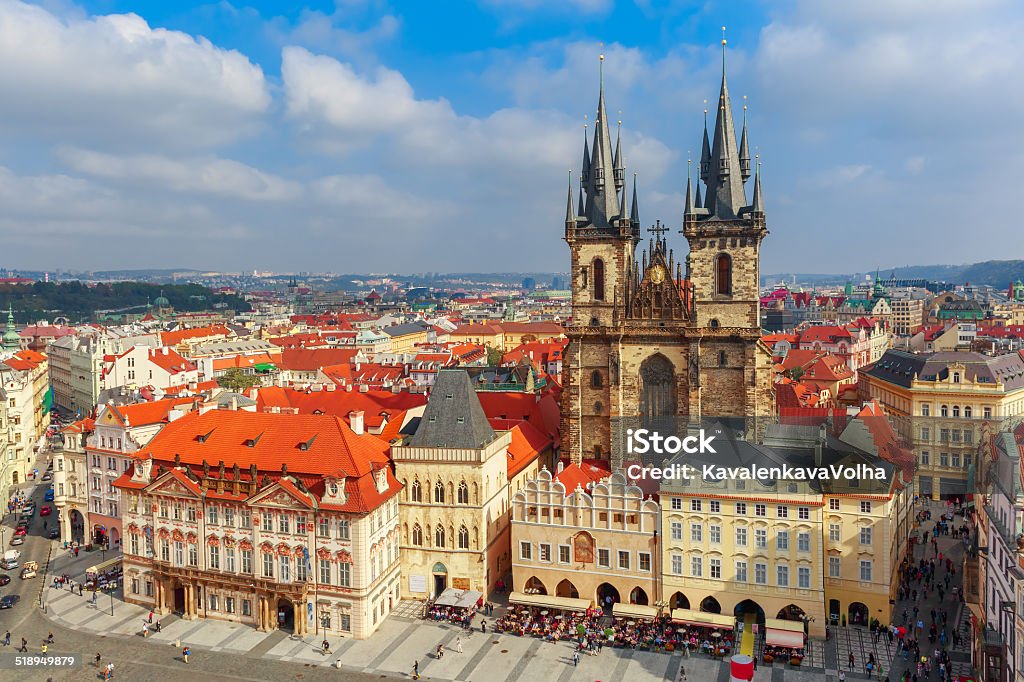 Old Town square in Prague, Czech Republic Aerial view over Church of Our Lady before Tyn at Old Town square in Prague, Czech Republic Aerial View Stock Photo