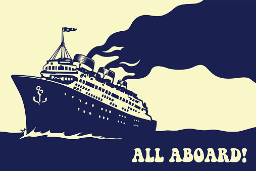 All aboard! Vintage steam transatlantic ocean cruise liner ship with smoke puff, retro traveling vector illustration