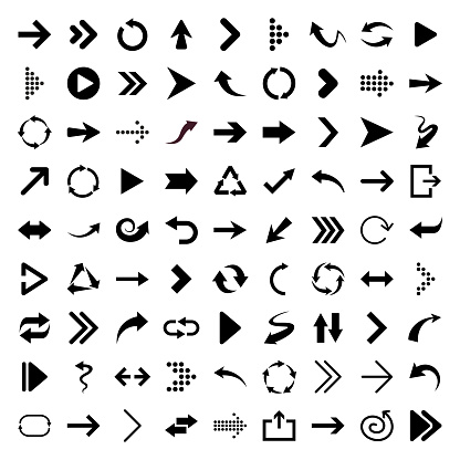 Vector illustration of different arrows. Black and white.