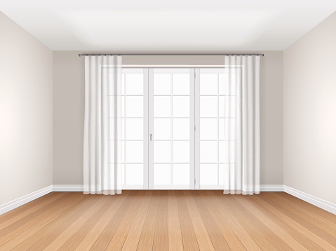 Interior of empty room with big window and curtain. Vector realistic interior.
