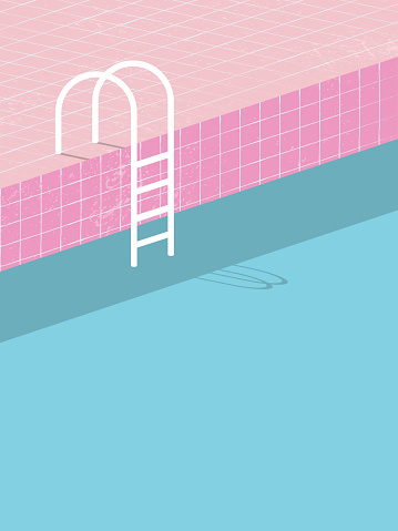 Swimming pool in vintage style. Old retro pink tiles and white ladder. Summer poster background template. Holiday resort eps10 vector illustration.