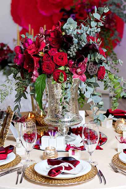 Beautiful flowers on table in wedding day. Luxury holiday background. stock photo