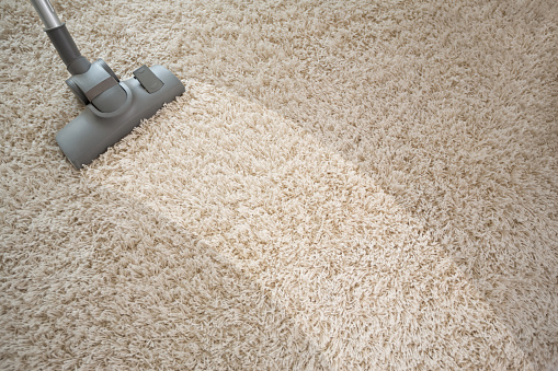 Vacuuming rough carpet in living room with vacuum cleaner