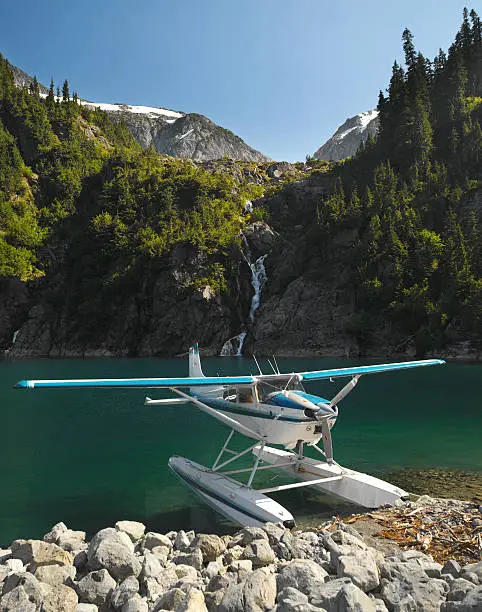 Floatplane on Lake Loverley in the Rocky Mountains in British Columbia, western Canada.