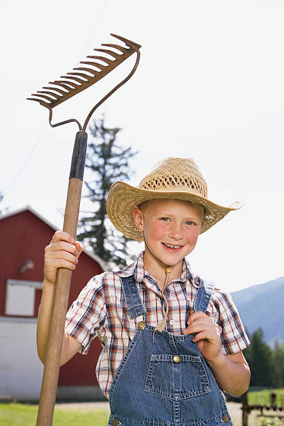 istock Young boy holding rake on farm 518959128