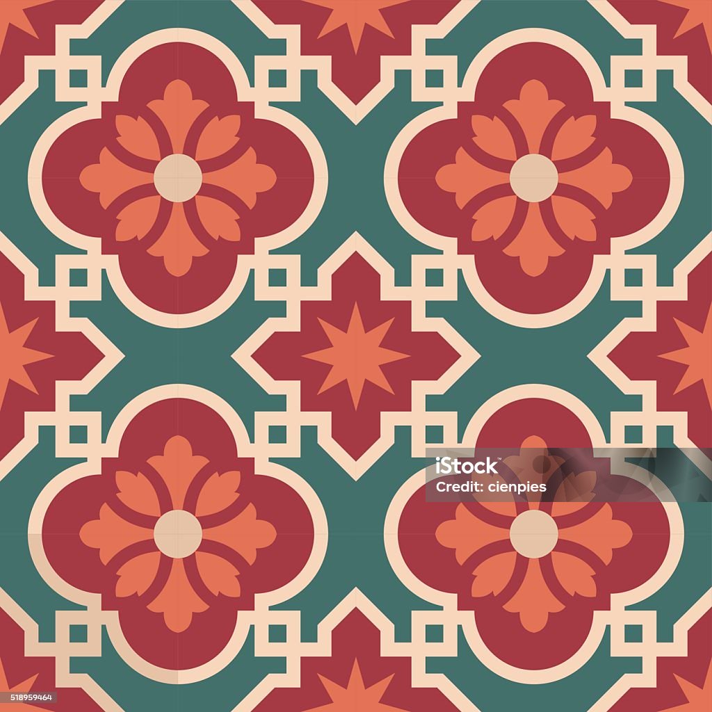 Ceramic Moroccan mosaic tile pattern with flower Vintage ceramic mosaic floor tile seamless pattern, traditional ornate red floral design. EPS10 vector. Tiled Floor stock vector