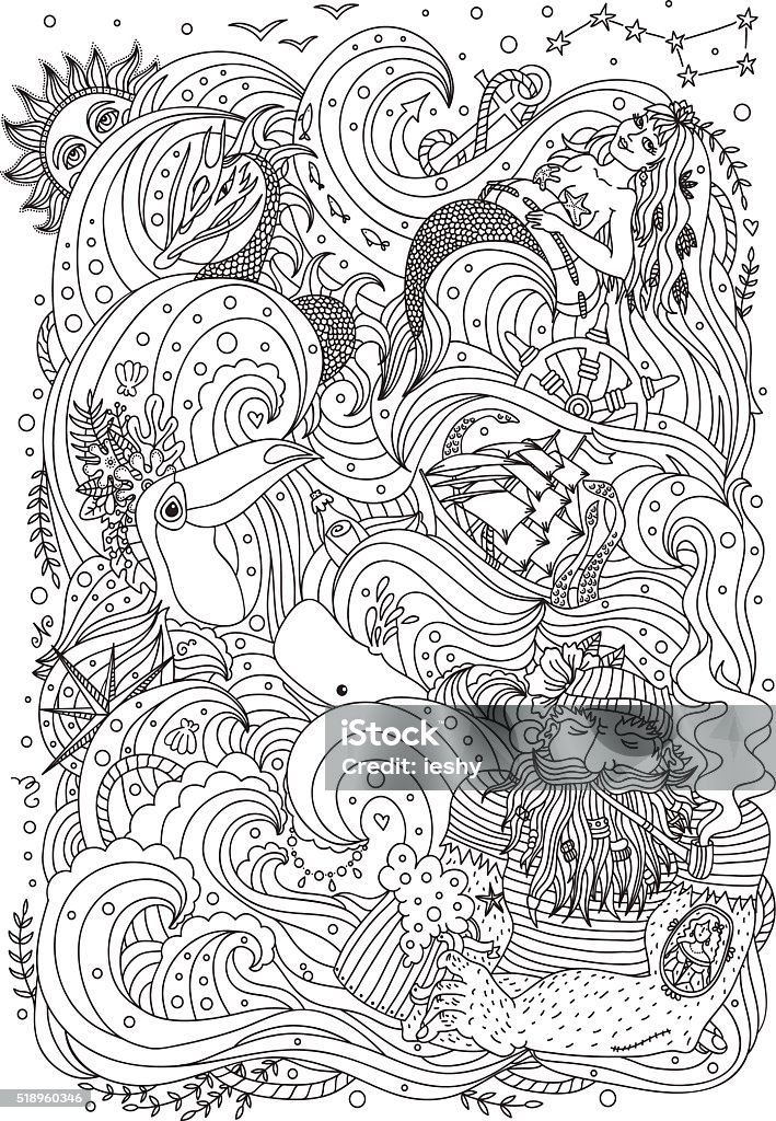 Monochrome sea ornament for adult coloring book. Monochrome ornament for adult coloring book. Sea theme - old sailor, mermaid, exotic creatures, ship, fishes, ocean waves. Adult stock vector