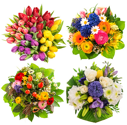 Colorful flower bouquets for Birthday, Wedding, Mothers Day, Easter. Top view