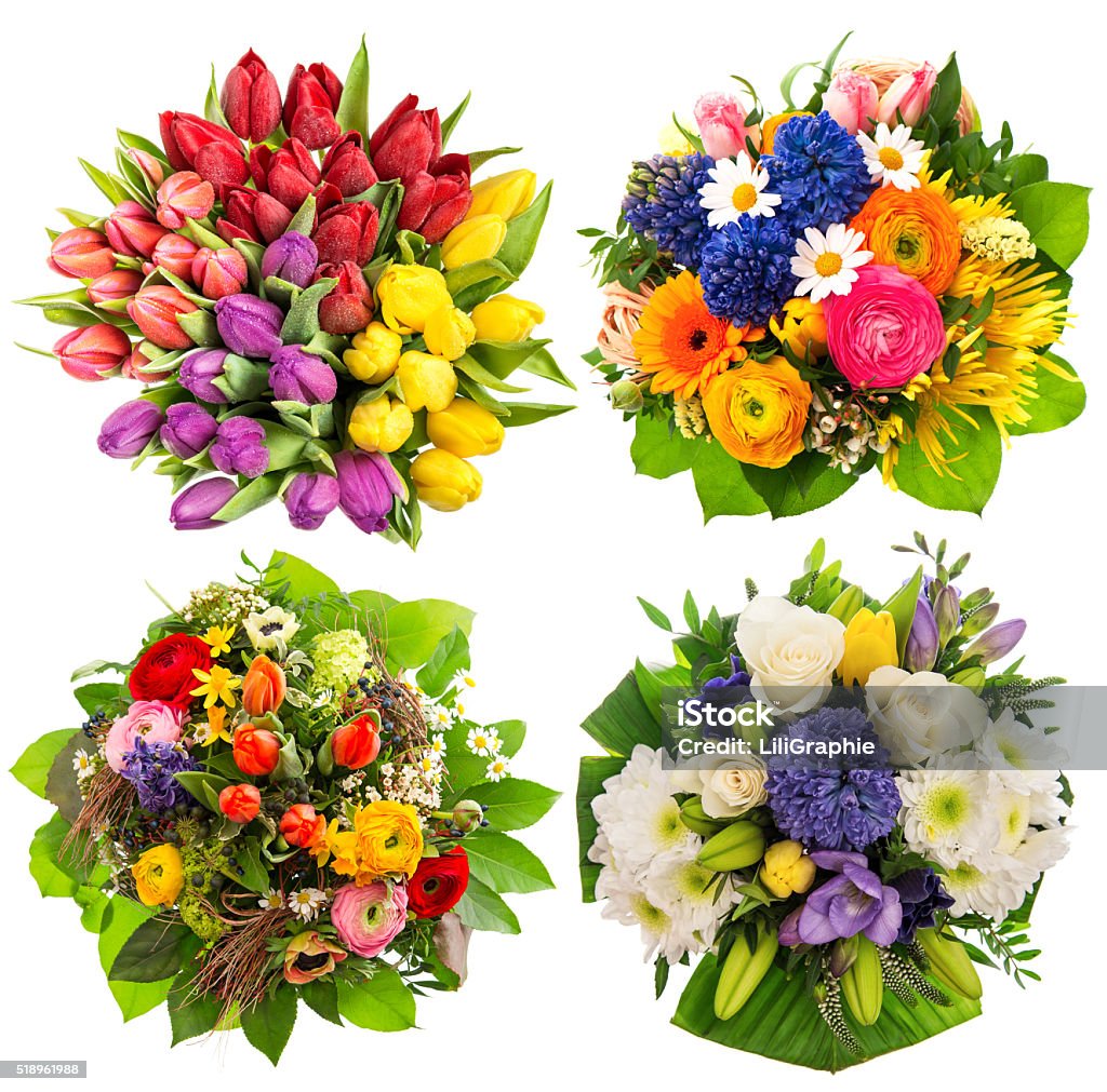 Flower bouquets Birthday, Wedding, Mothers Day, Easter Colorful flower bouquets for Birthday, Wedding, Mothers Day, Easter. Top view Bouquet Stock Photo