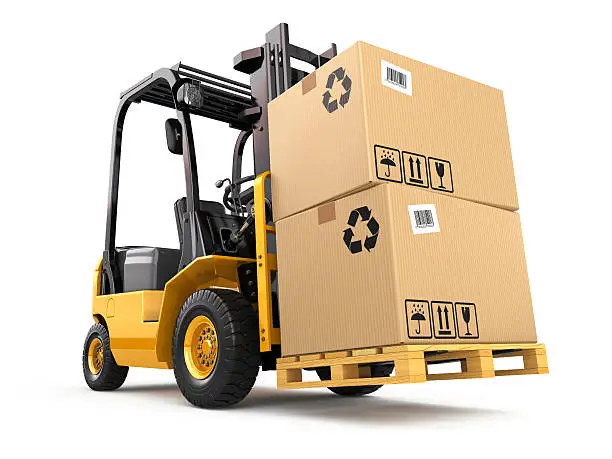 Photo of Forklift truck with boxes on pallet. Cargo.
